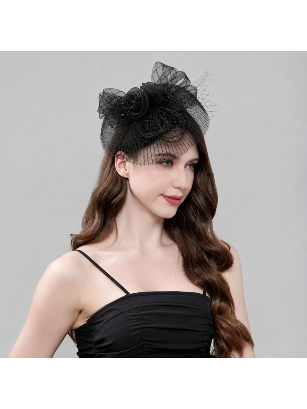 Black Rose Fascinator Hat Veil Mesh Headpiece Tea Party Derby Wedding Church